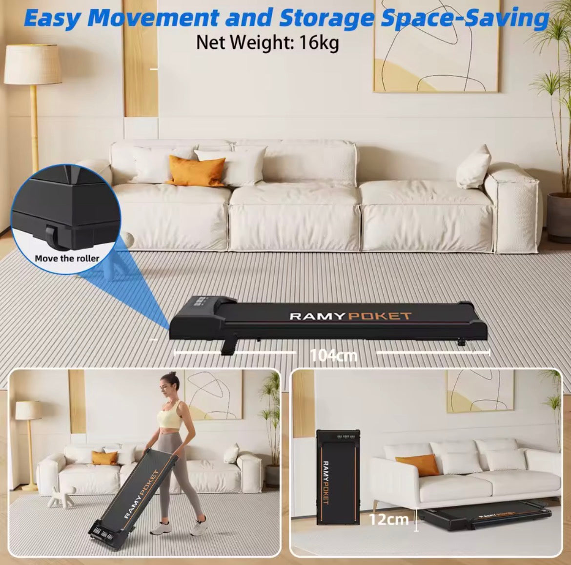 RAMYPOKET Treadmill With 9% Incline Silent Motor Smart APP 1–8KM/H 120KG