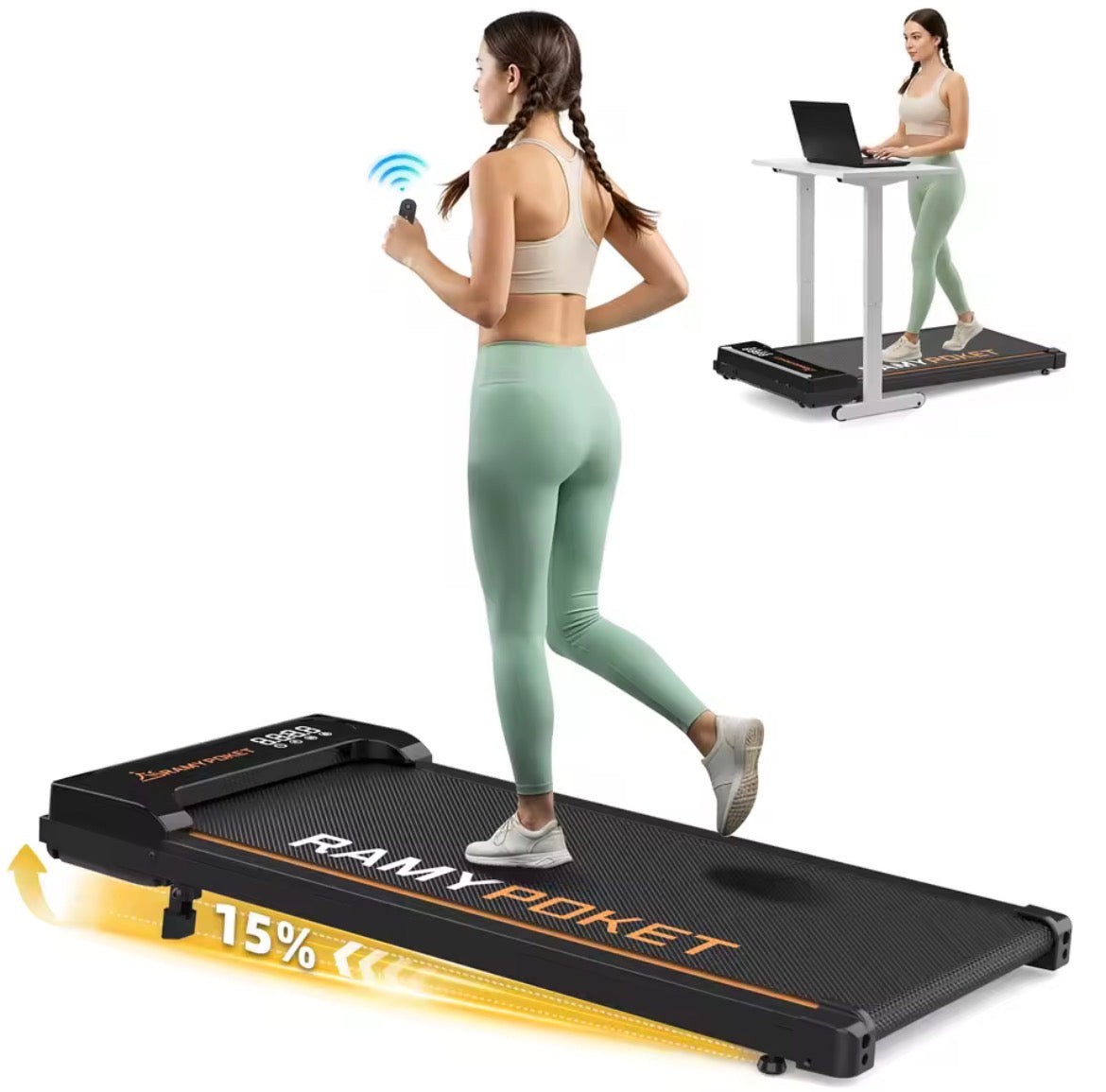 RAMYPOKET Treadmill With 9% Incline Silent Motor Smart APP 1–8KM/H 120KG