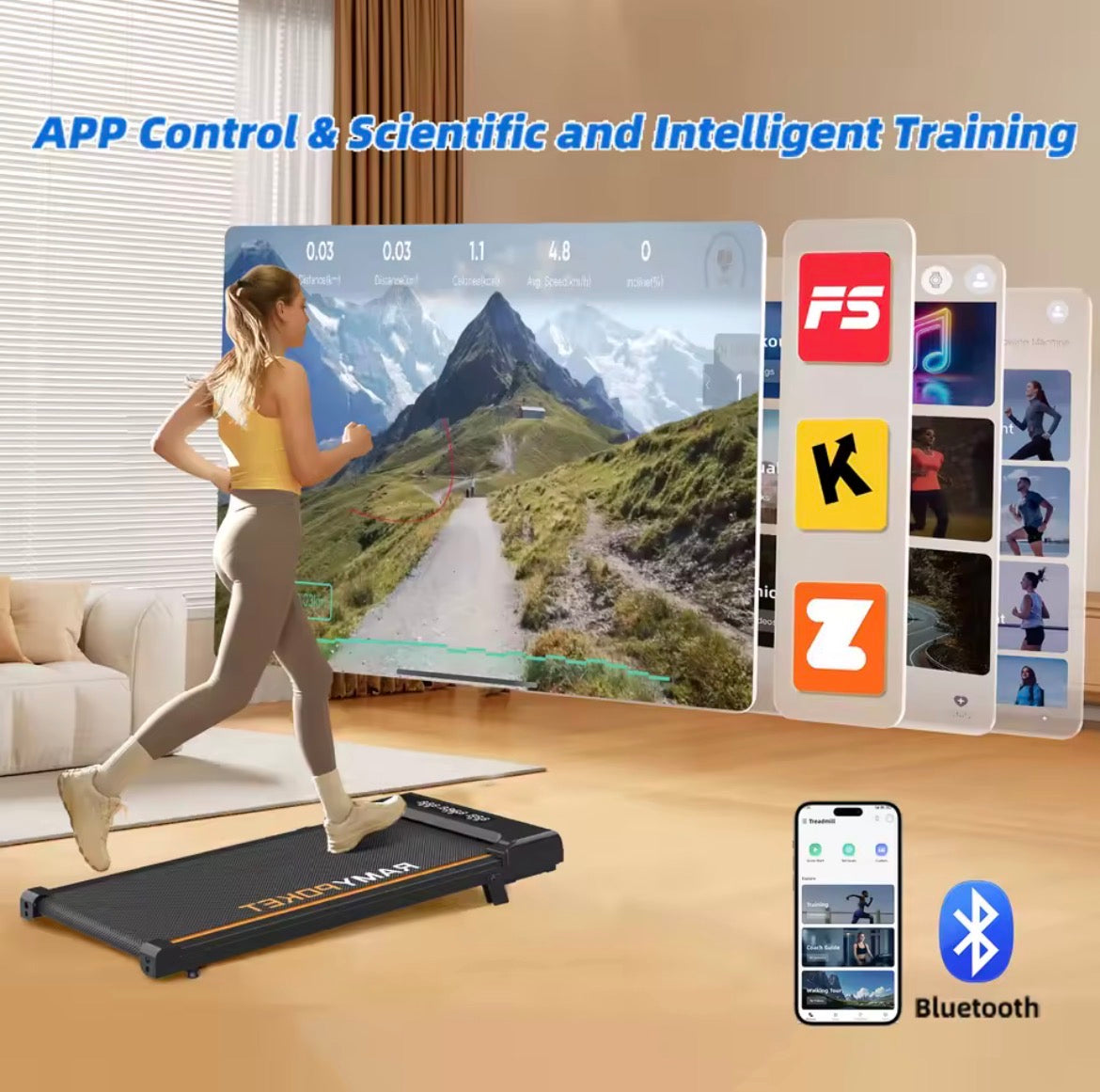 RAMYPOKET Treadmill With 9% Incline Silent Motor Smart APP 1–8KM/H 120KG